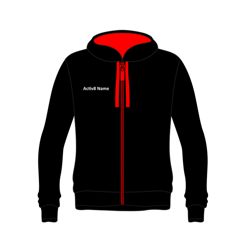 Activ8 Zipped Hoodie in Black/Red with logo and name to front
