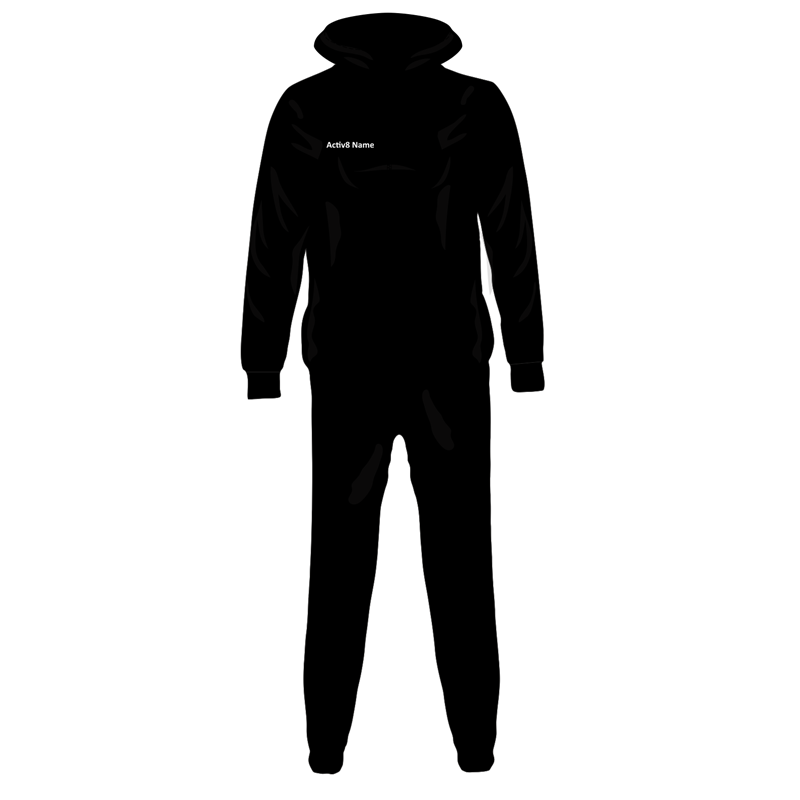 Activ8 Onesie in black, logo to back, name to front and print to leg
