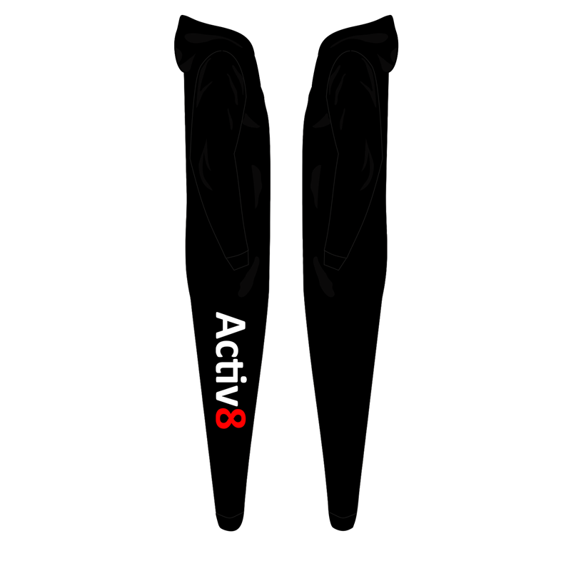 Activ8 Onesie in black, logo to back, name to front and print to leg