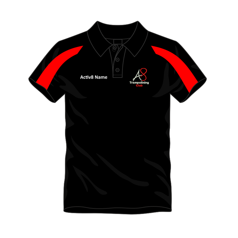 Activ8 Coach Polo in Black/Red, logo and name to front, printed COACH to back