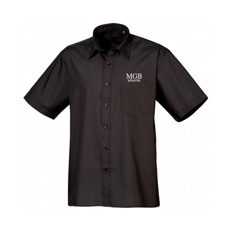 Formal shirt with left breast mitred pocket, stiffened formal cut collar. Embroidered logo above breast pocket.
