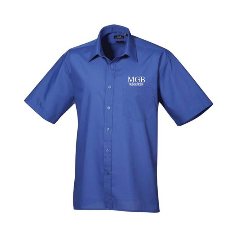 Formal shirt with left breast mitred pocket, stiffened formal cut collar. Embroidered logo above breast pocket.