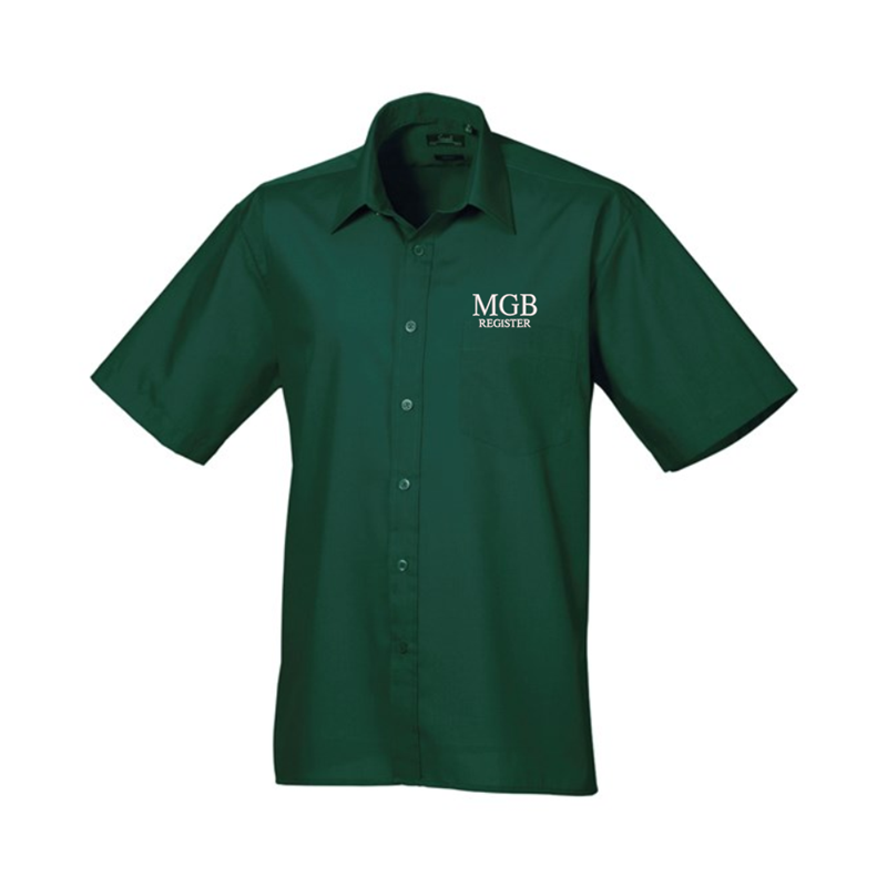 Formal shirt with left breast mitred pocket, stiffened formal cut collar. Embroidered logo above breast pocket.