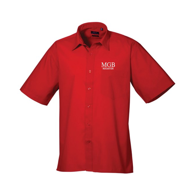 Formal shirt with left breast mitred pocket, stiffened formal cut collar. Embroidered logo above breast pocket.