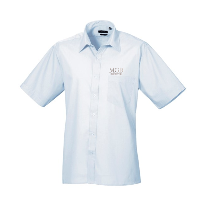Formal shirt with left breast mitred pocket, stiffened formal cut collar. Embroidered logo above breast pocket.