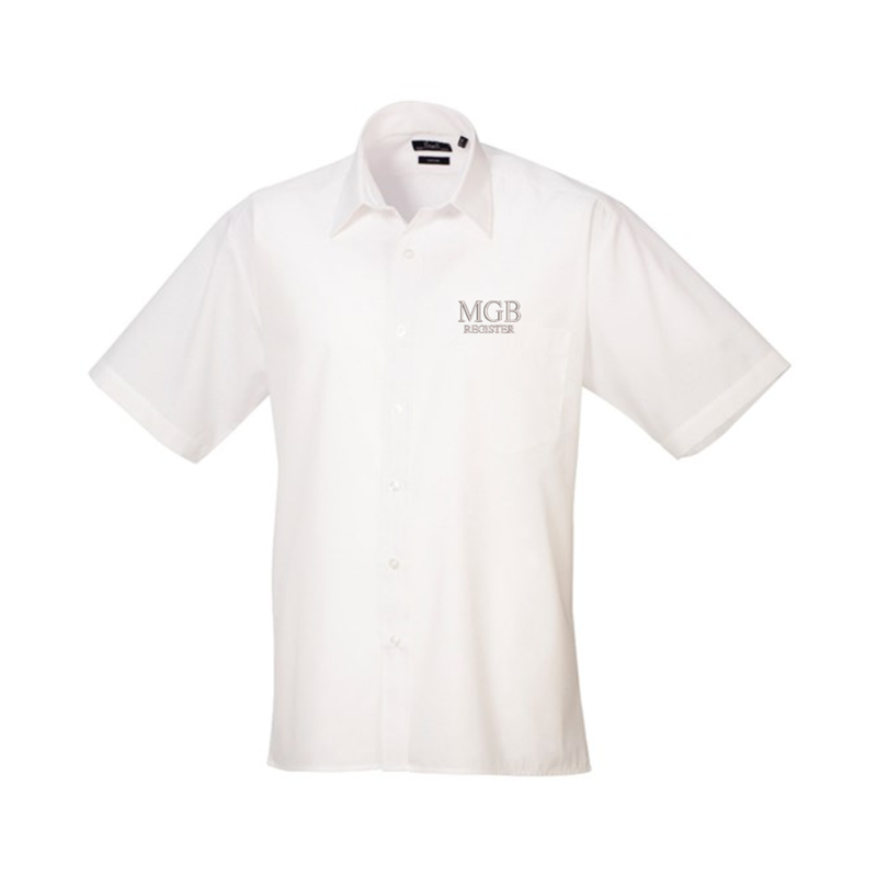 Formal shirt with left breast mitred pocket, stiffened formal cut collar. Embroidered logo above breast pocket.