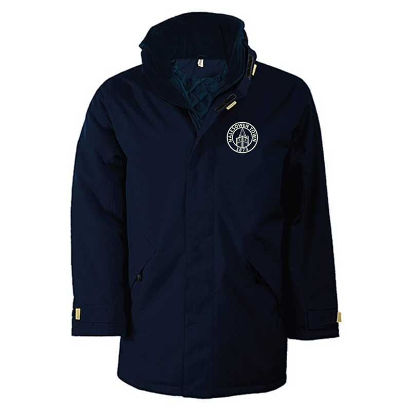 Quilted lined parka jacket with multiple pockets, embroidred logo left breast.