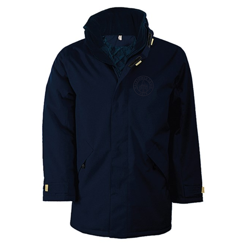 Quilted lined parka jacket with multiple pockets, embroidred logo left breast.