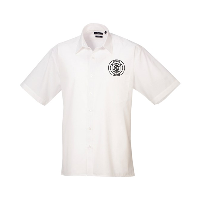 Formal shirt with left breast mitred pocket, stiffened formal cut collar. Embroidered logo above breast pocket.
