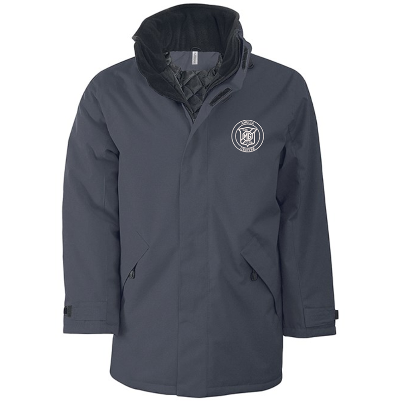 Quilted lined parka jacket with multiple pockets, embroidred logo left breast.