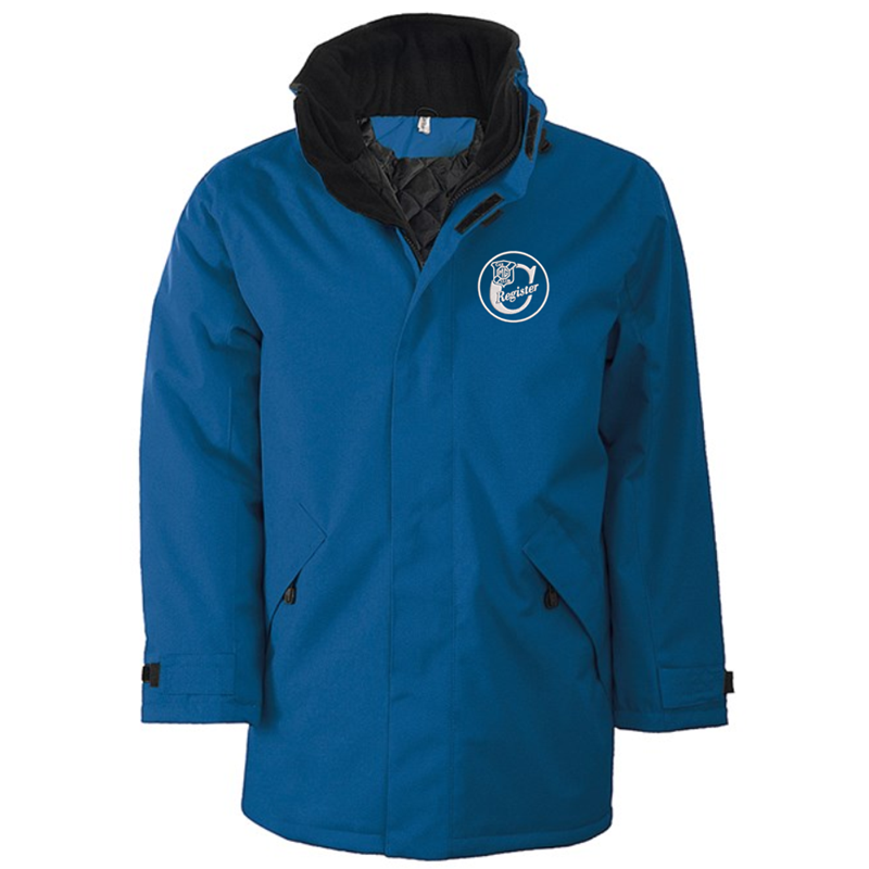 Quilted lined parka jacket with multiple pockets, embroidred logo left breast.