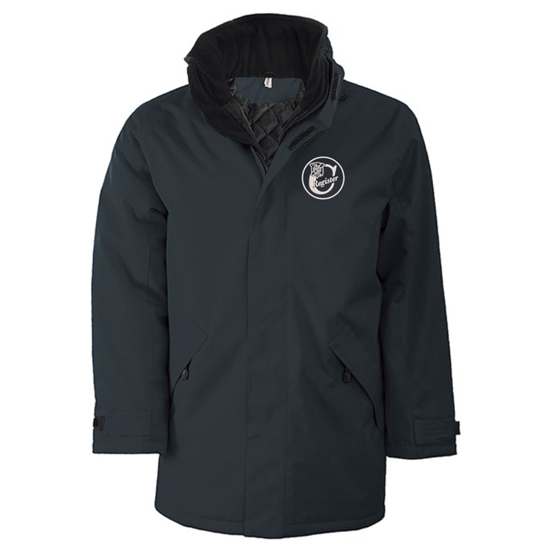 Quilted lined parka jacket with multiple pockets, embroidred logo left breast.
