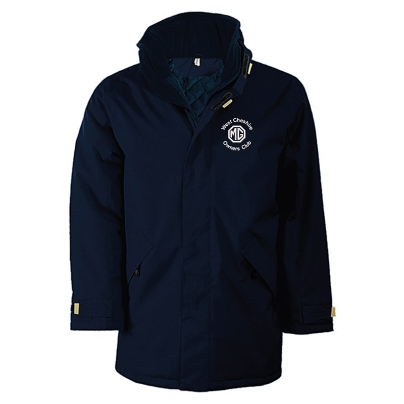 Quilted lined parka jacket with multiple pockets, embroidred logo left breast.
