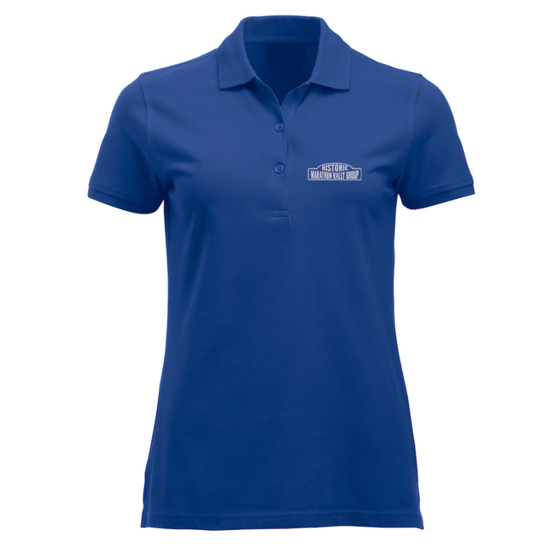 Ladies fit poloshirt with embroidered logo to left breast.