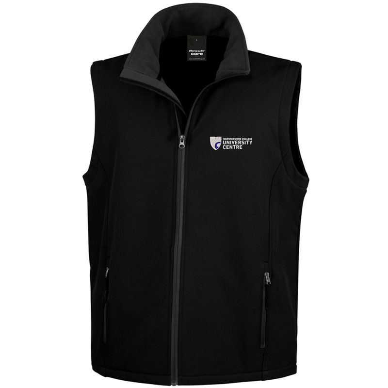 Mens/Unisex Soft Shell Gilet with logo embroidered front left breast and course name printed to the back