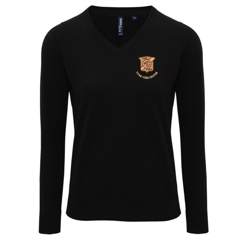 Knitted V neck Jumper, ladies sizing XS - 4XL, embroidered logo to left breast