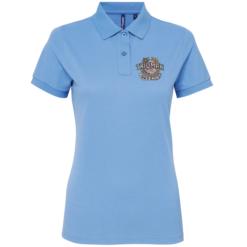 Ladies fit  polycotton poloshirt embroidered with logo to left breast. Available in Navy, Khaki, and Red, sizes XS (8) to 2XL (18)