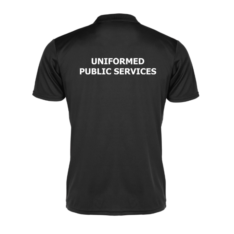 Sports poloshirt with embroidered logo to front and rear print