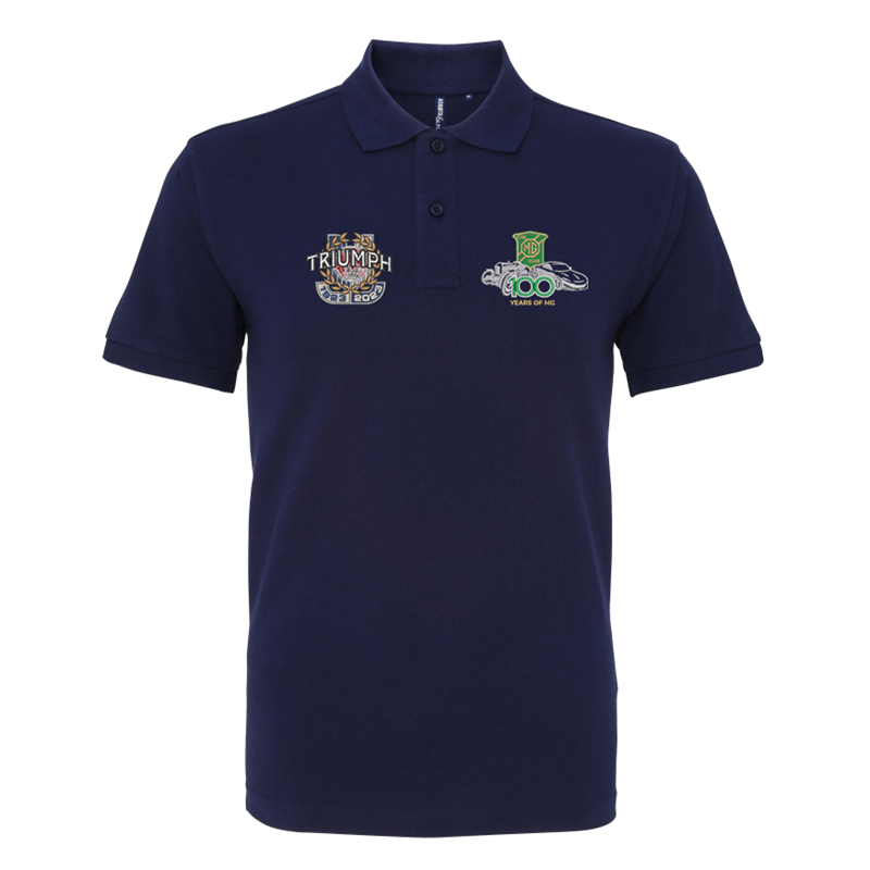 Mens polycotton poloshirt embroidered with both MG 100 & Triumph 100 logos. Available in Navy (S - 5XL), Red, Khaki and Cornflower (S - 3XL)