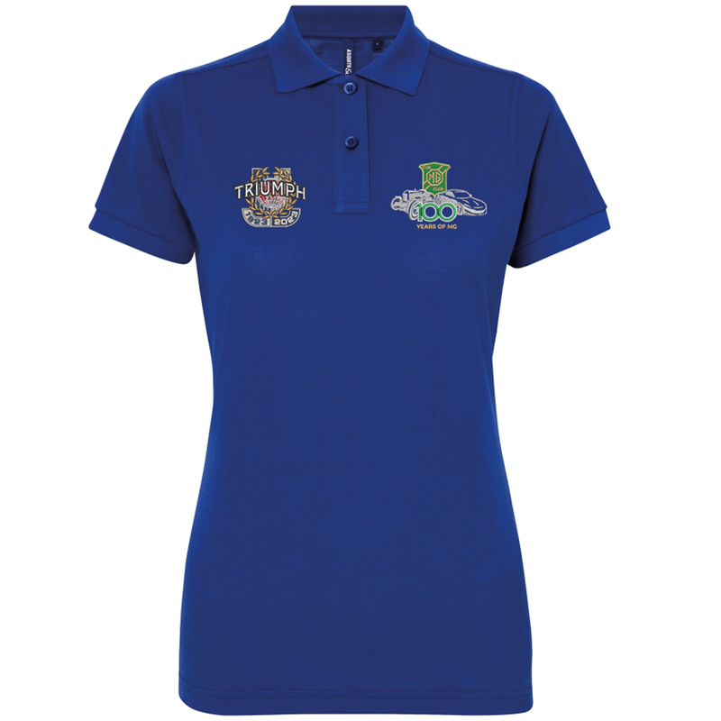 Womens polycotton poloshirt embroidered with both MG 100 & Triumph 100 logos. Available in Navy, Red, Khaki and Cornflower, sizes XS - 2XL