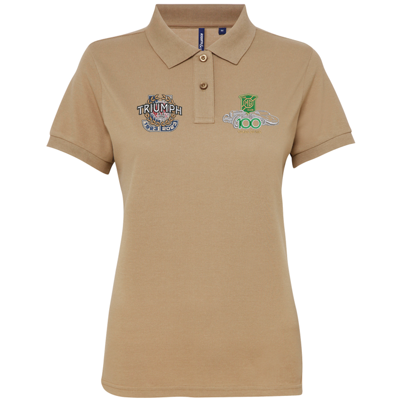 Womens polycotton poloshirt embroidered with both MG 100 & Triumph 100 logos. Available in Navy, Red, Khaki and Cornflower