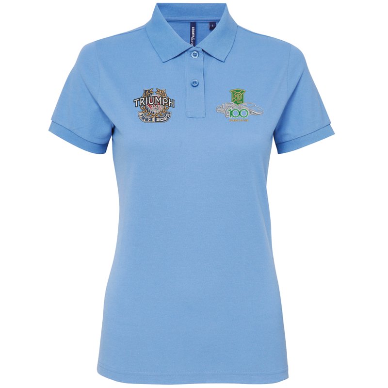 Womens polycotton poloshirt embroidered with both MG 100 & Triumph 100 logos. Available in Navy, Red, Khaki and Cornflower