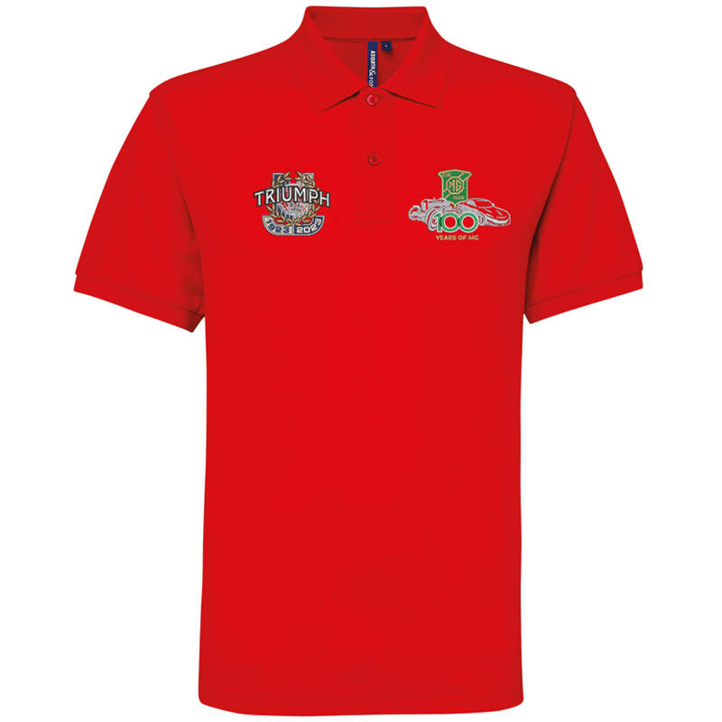 Mens polycotton poloshirt embroidered with both MG 100 & Triumph 100 logos. Available in Navy (S - 5XL), Red, Khaki and Cornflower (S - 3XL)