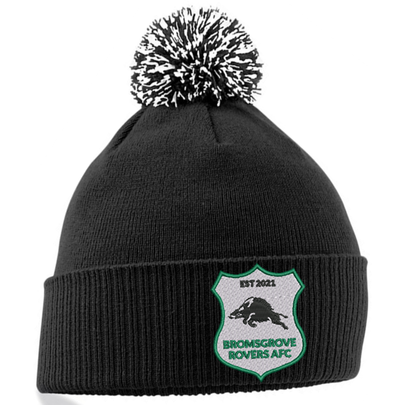 Knitted beanie hat with contrast pom pom, embroidered with club logo to the front.
