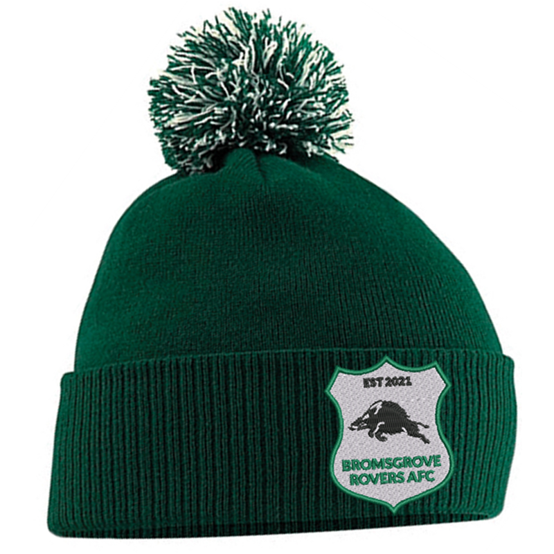 Knitted beanie hat with contrast pom pom, embroidered with club logo to the front.