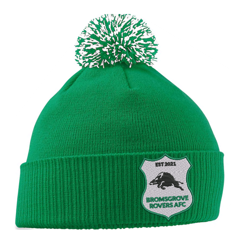 Knitted beanie hat with contrast pom pom, embroidered with club logo to the front.
