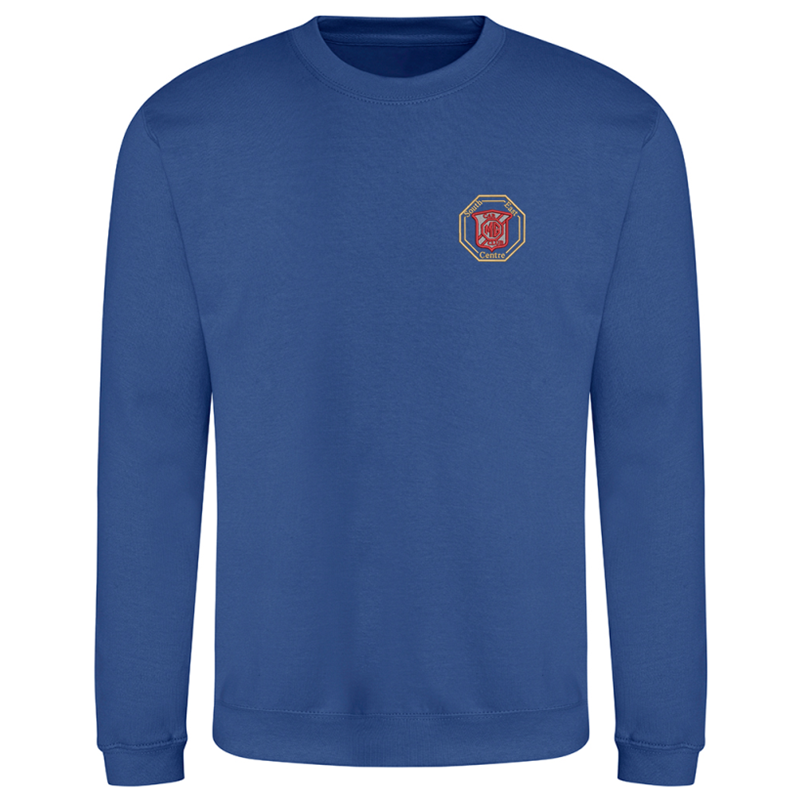 Crew neck unisex sweatshirt with choice of logo embroidered to left breast.