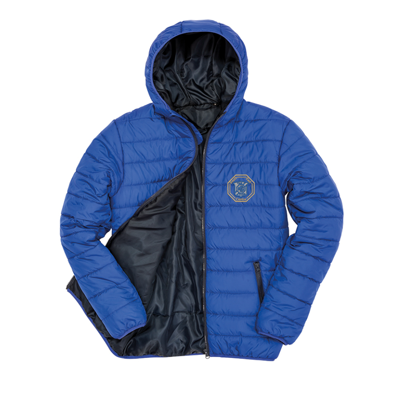 Soft padded full zip jacket with embroidered logo to left breast,