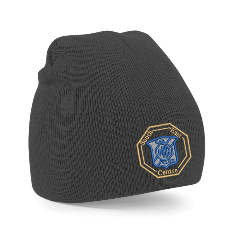 Knitted pull on style beanie hat with embroidered logo