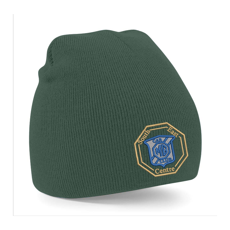 Knitted pull on style beanie hat with embroidered logo