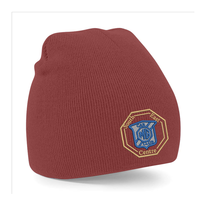 Knitted pull on style beanie hat with embroidered logo