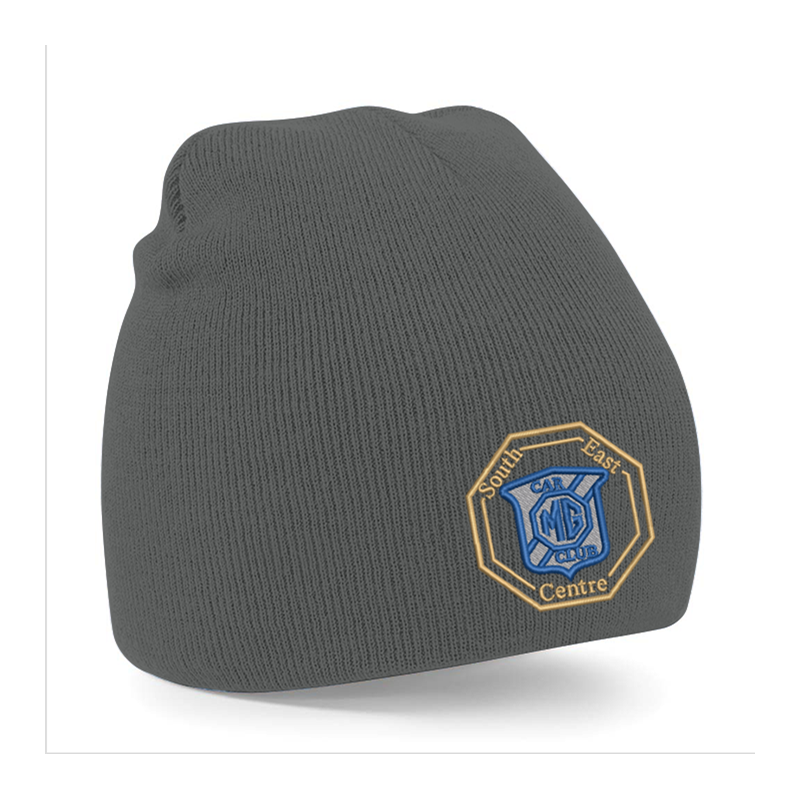 Knitted pull on style beanie hat with embroidered logo