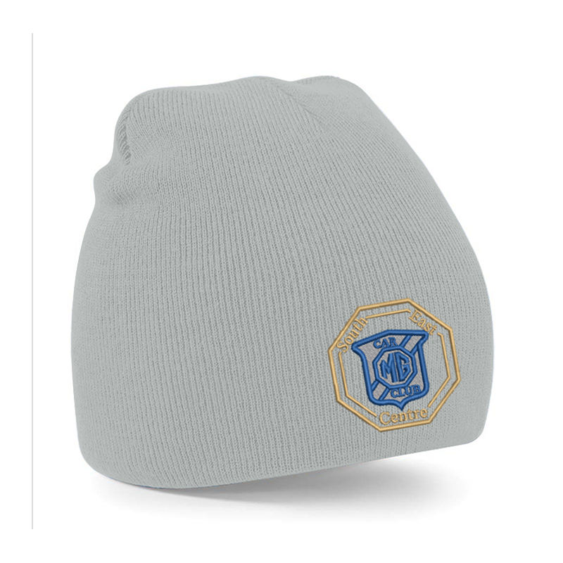 Knitted pull on style beanie hat with embroidered logo