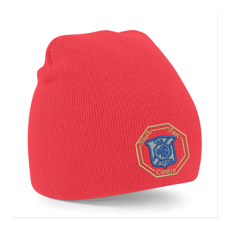 Knitted pull on style beanie hat with embroidered logo