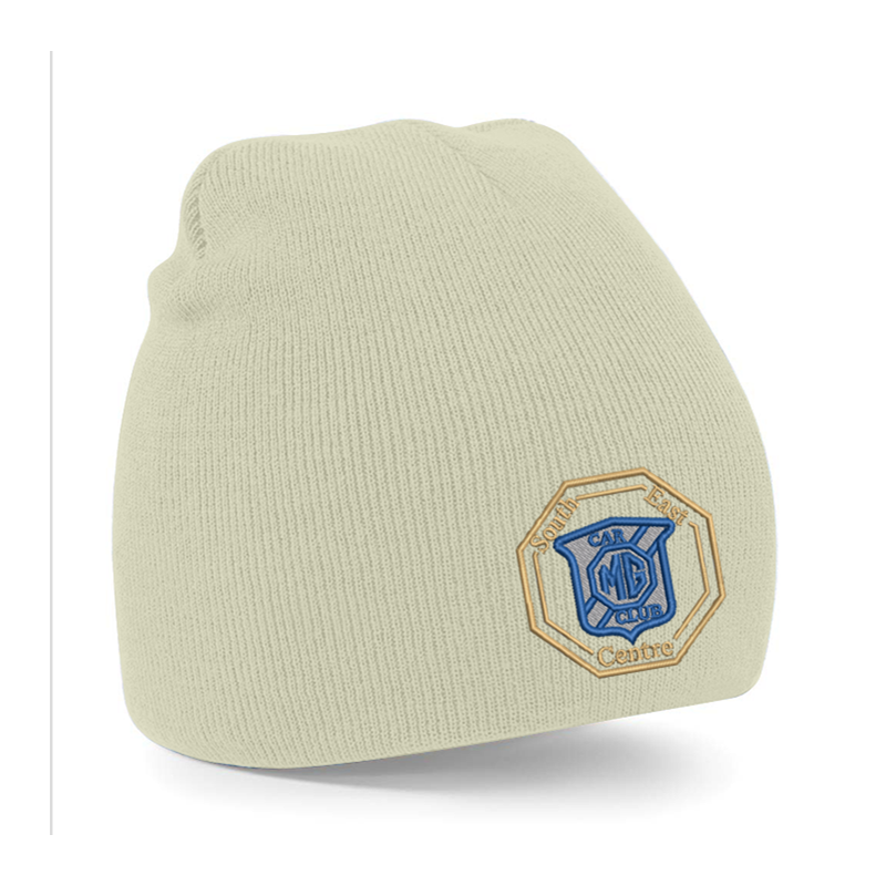 Knitted pull on style beanie hat with embroidered logo