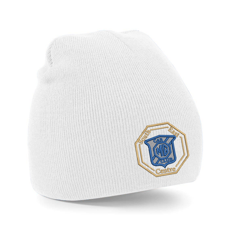Knitted pull on style beanie hat with embroidered logo