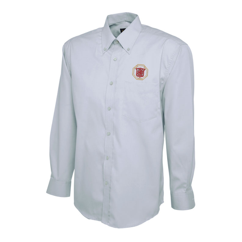 Polyester/Cotton shirts long sleeved with button down collar, logo embroidered above left chest pocket.