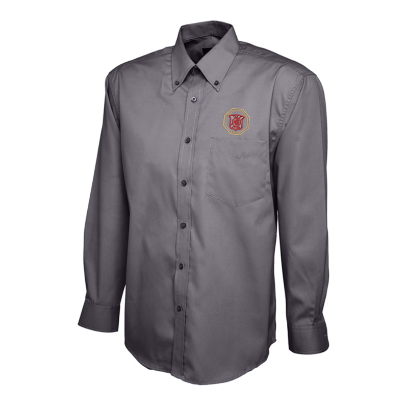Polyester/Cotton shirts long sleeved with button down collar, logo embroidered above left chest pocket.