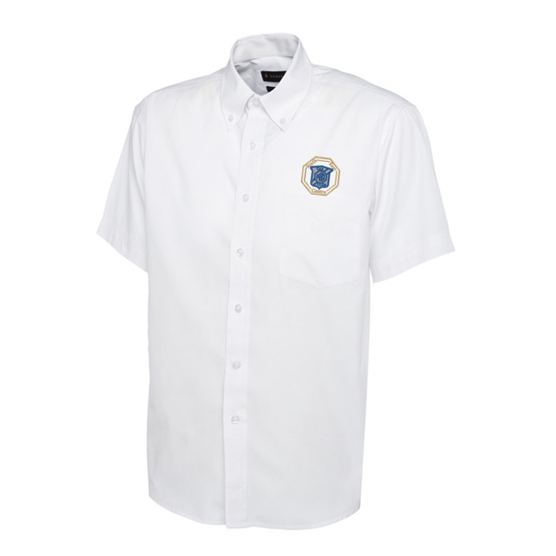 Polyester/Cotton shirts short sleeved with button down collar, logo embroidered above left chest pocket.