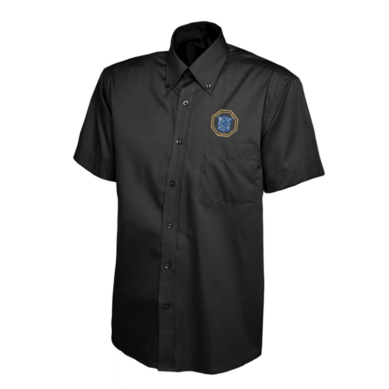 Polyester/Cotton shirts short sleeved with button down collar, logo embroidered above left chest pocket.