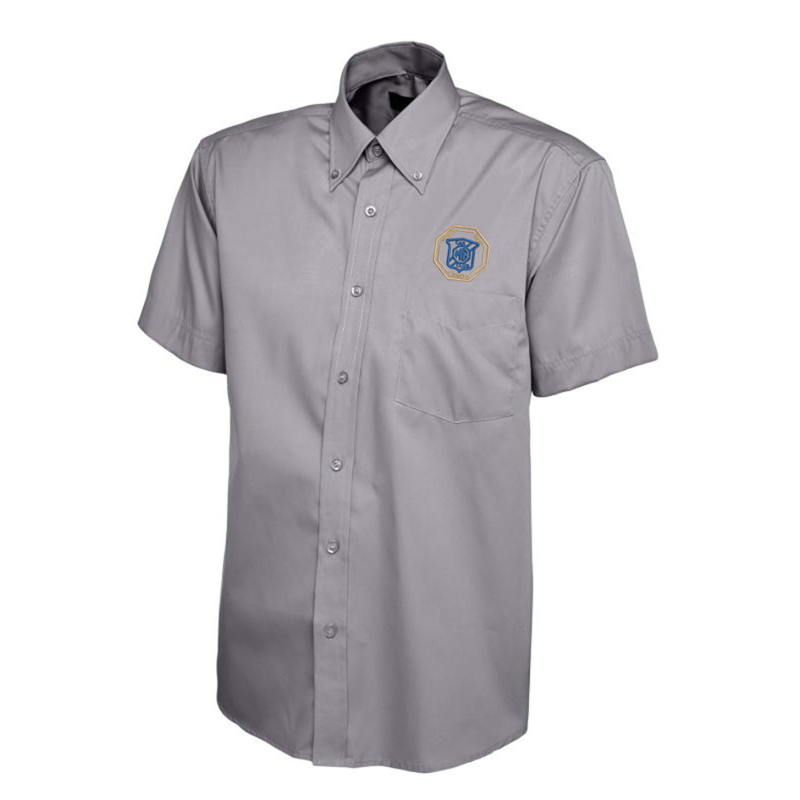 Polyester/Cotton shirts short sleeved with button down collar, logo embroidered above left chest pocket.