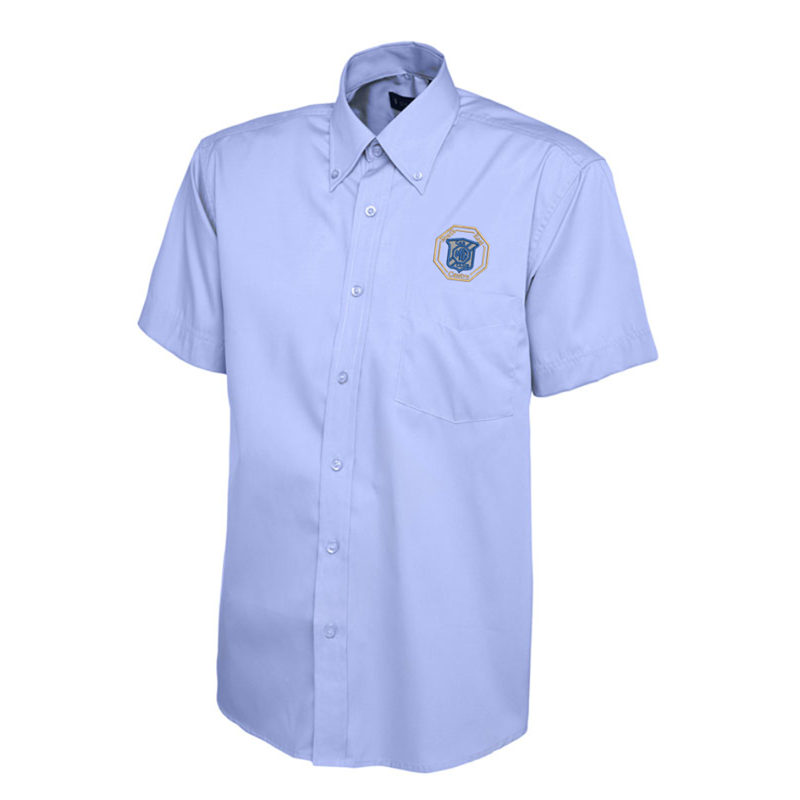 Polyester/Cotton shirts short sleeved with button down collar, logo embroidered above left chest pocket.