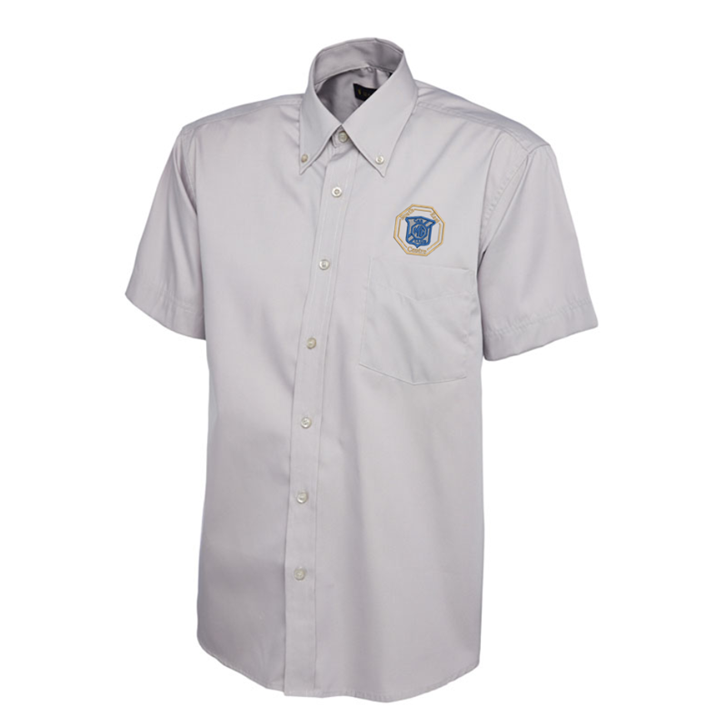 Polyester/Cotton shirts short sleeved with button down collar, logo embroidered above left chest pocket.