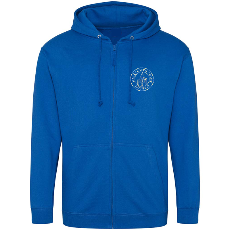Classic Zipped hooded sweatshirt with multi colour club logo embroidered to the front, select colour thread of your choice. Available from Kids XSY up to 6XL