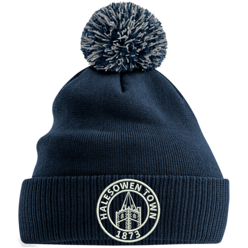 Knitted beanie hat with contrast pom pom, embroidered with club logo to front,