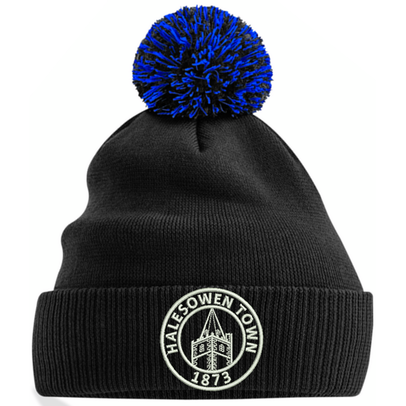 Knitted beanie hat with contrast pom pom, embroidered with club logo to front,